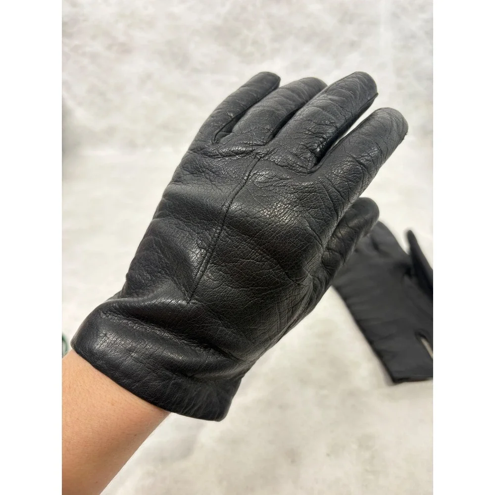Vintage Black Leather Gloves Medium Vented Cuff Lined Winter Classic Retro